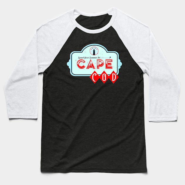 Spend Your Summer In Cape Cod Vintage Travel Billboard Baseball T-Shirt by TaliDe